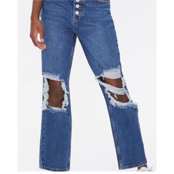 Forever 21 Womens Destroyed Knees Denim Dark Wash Mom Jeans‎ Size 27 New - Picture 1 of 12